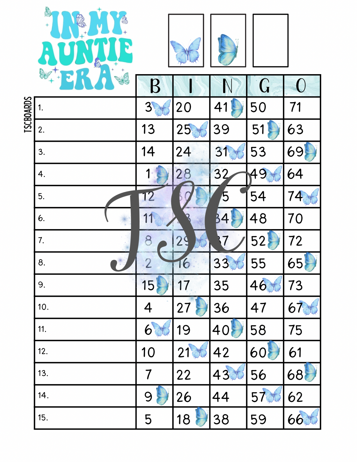 In My Auntie Era Bingo Board 1-75 Ball