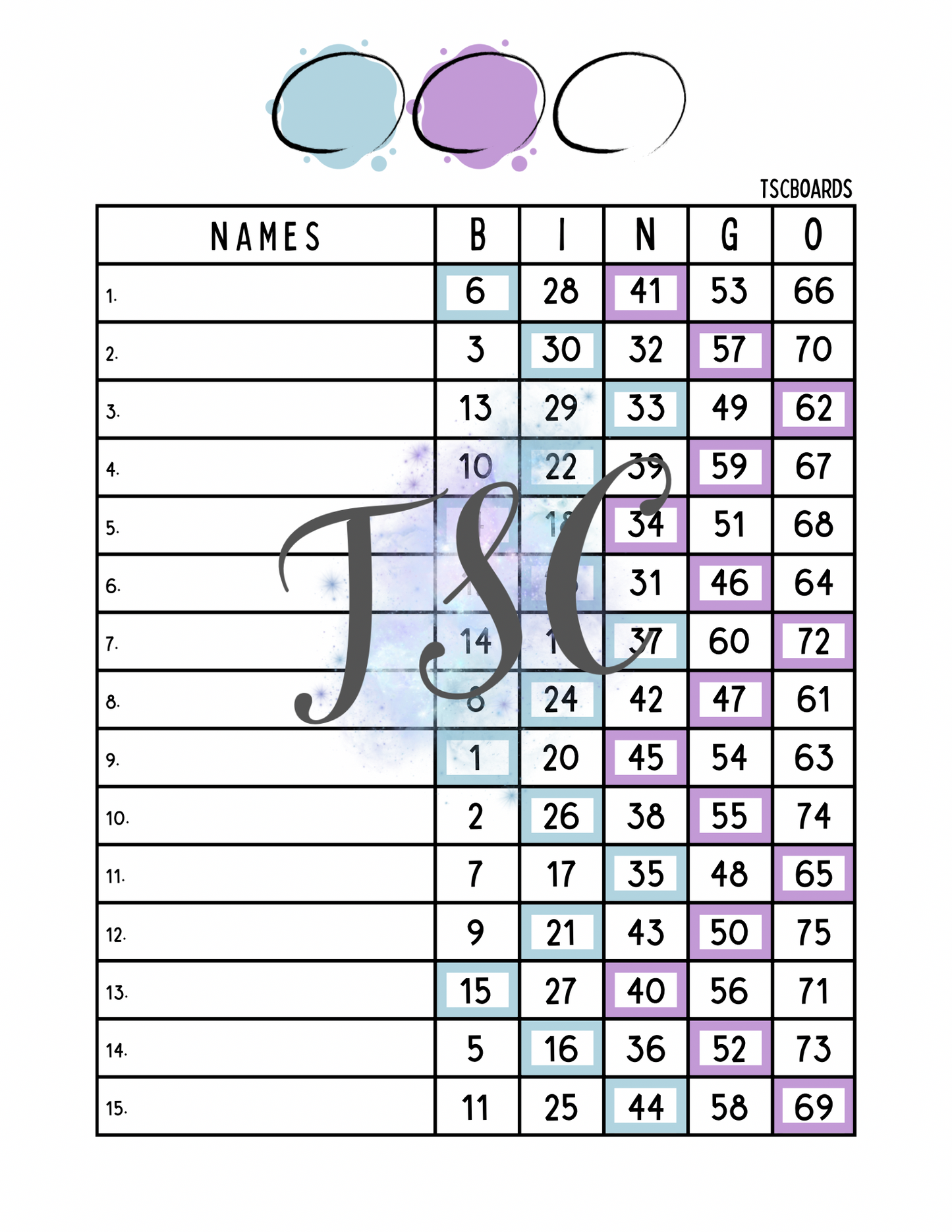 Two Colour Bingo Board 1-75 Ball 15 Lines