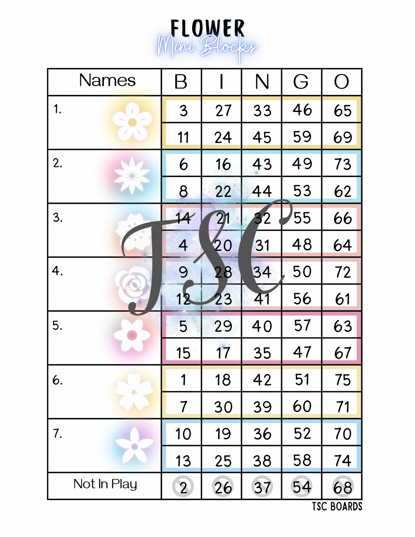 Neon Flower Mini Blocks Bingo Board 1-75 Ball
