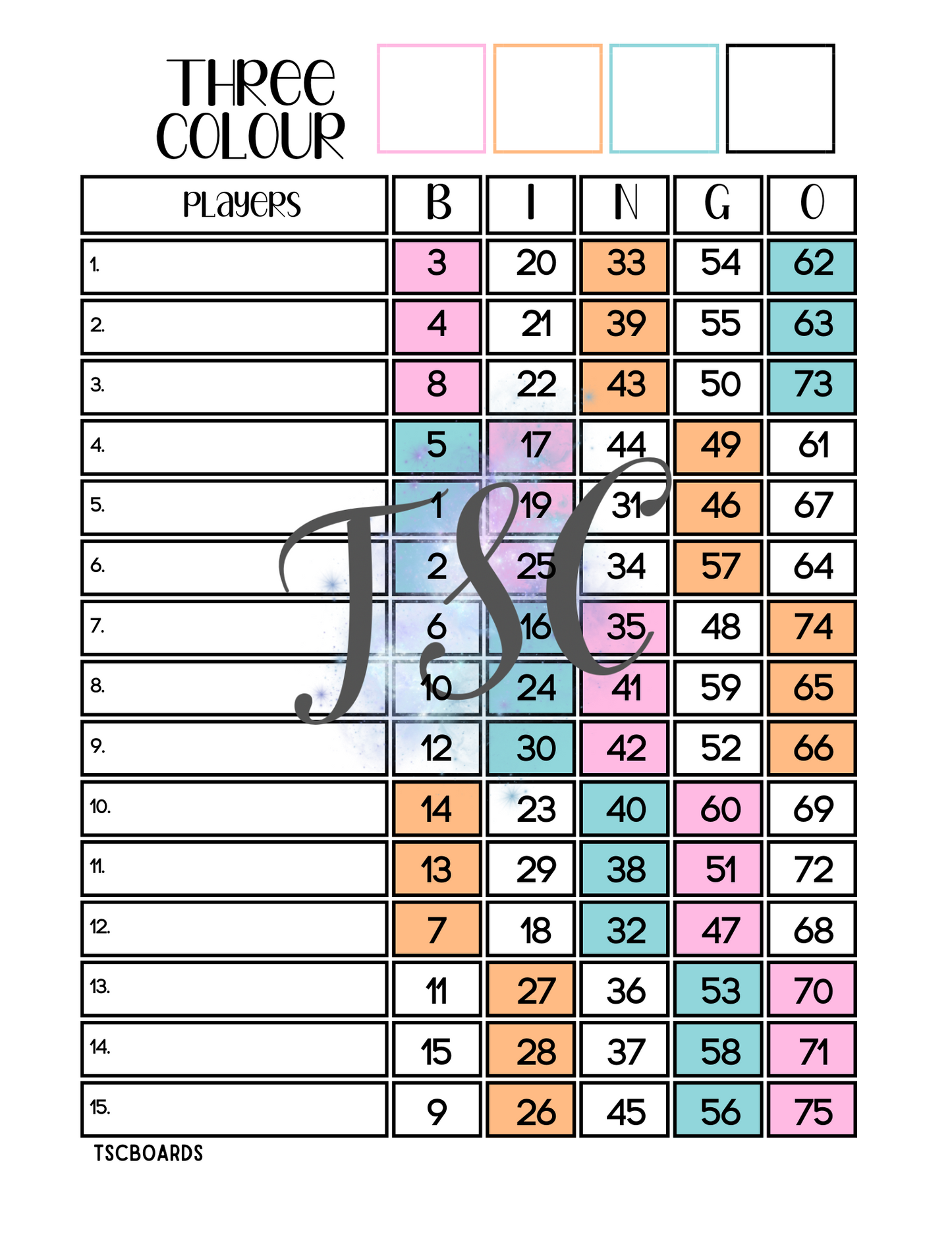 Three Colour Bingo Board 1-75 Ball