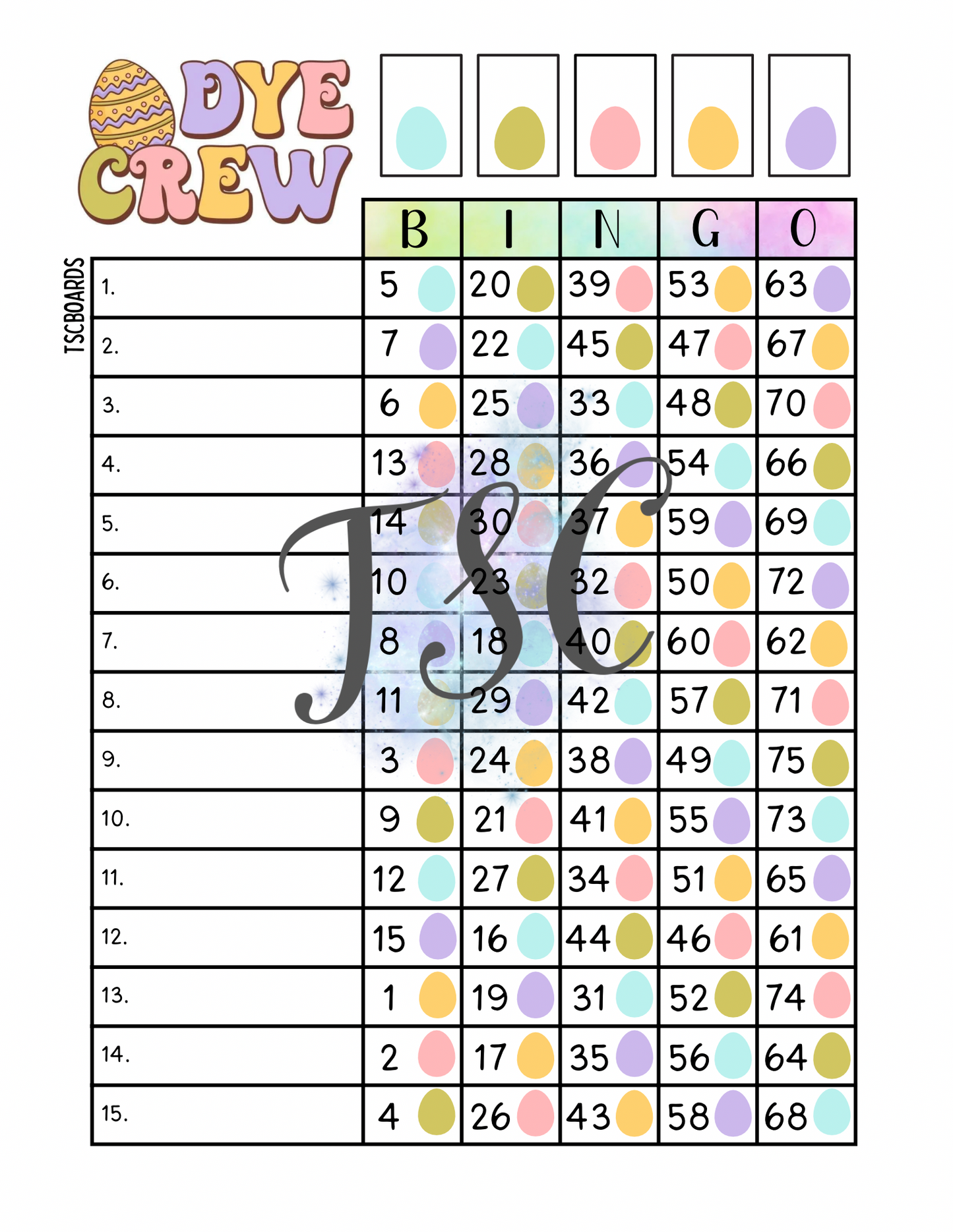 Dye Crew Bingo Board 1-75 Ball