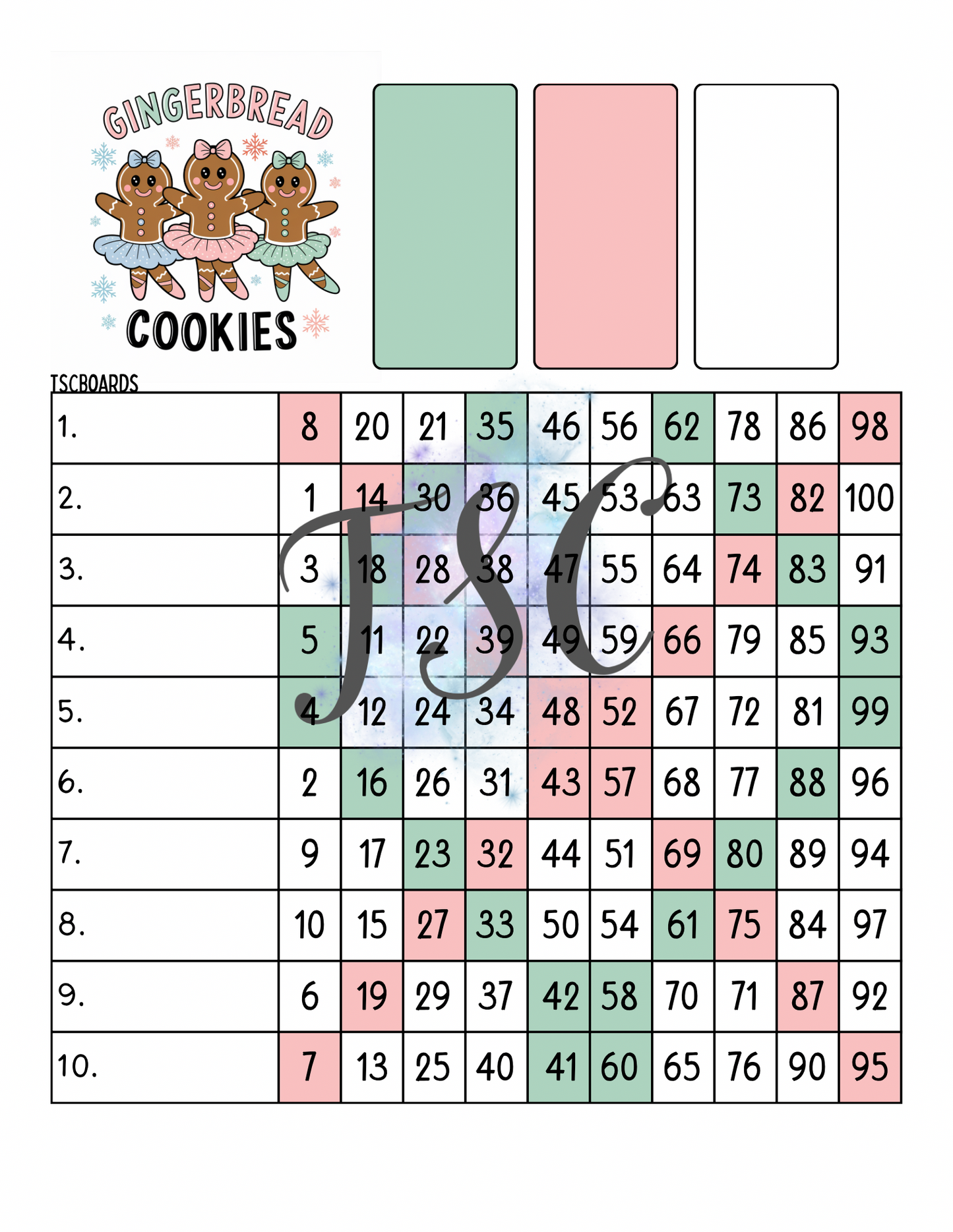 Gingerbread Cookies Bingo Board 1-100 Ball