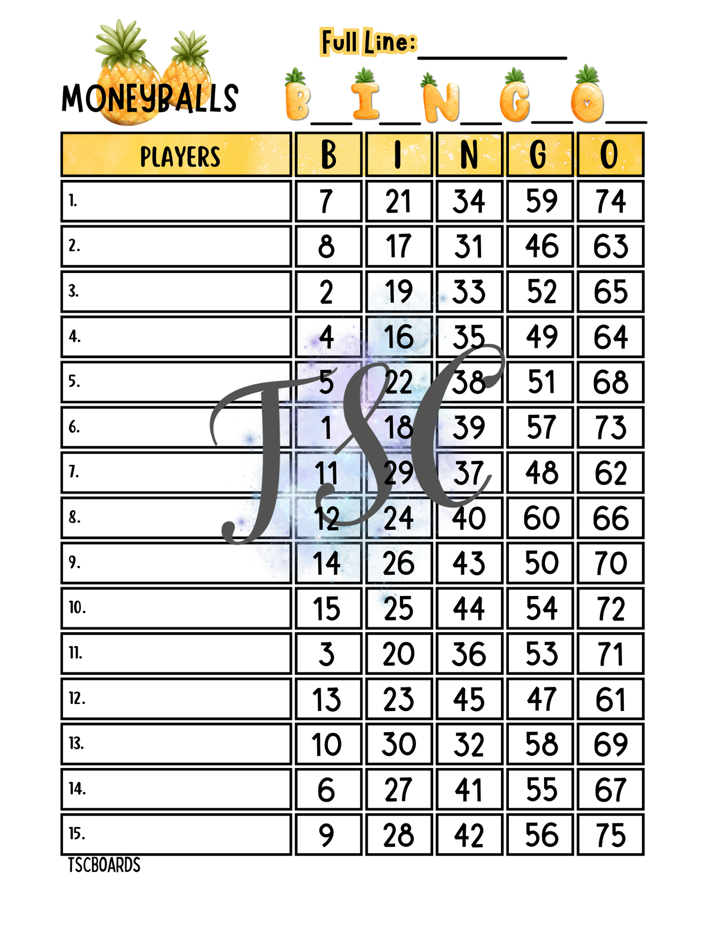 Pineapple Moneyball Bingo Board 1-75 Ball 1-15 Line