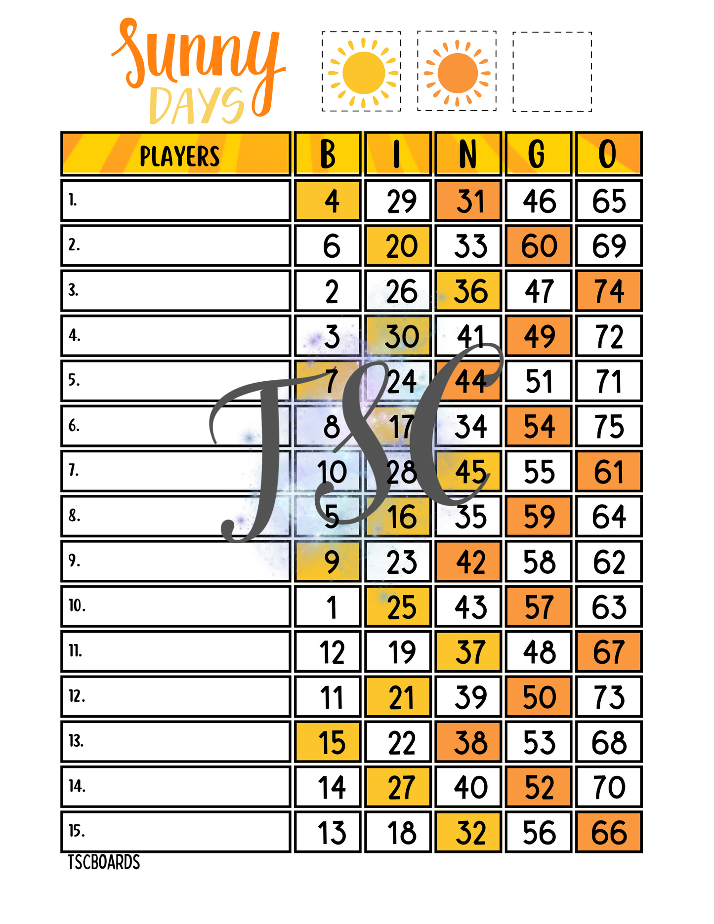 Sunny Days Bingo Board 1-75 Ball 1-15 Line