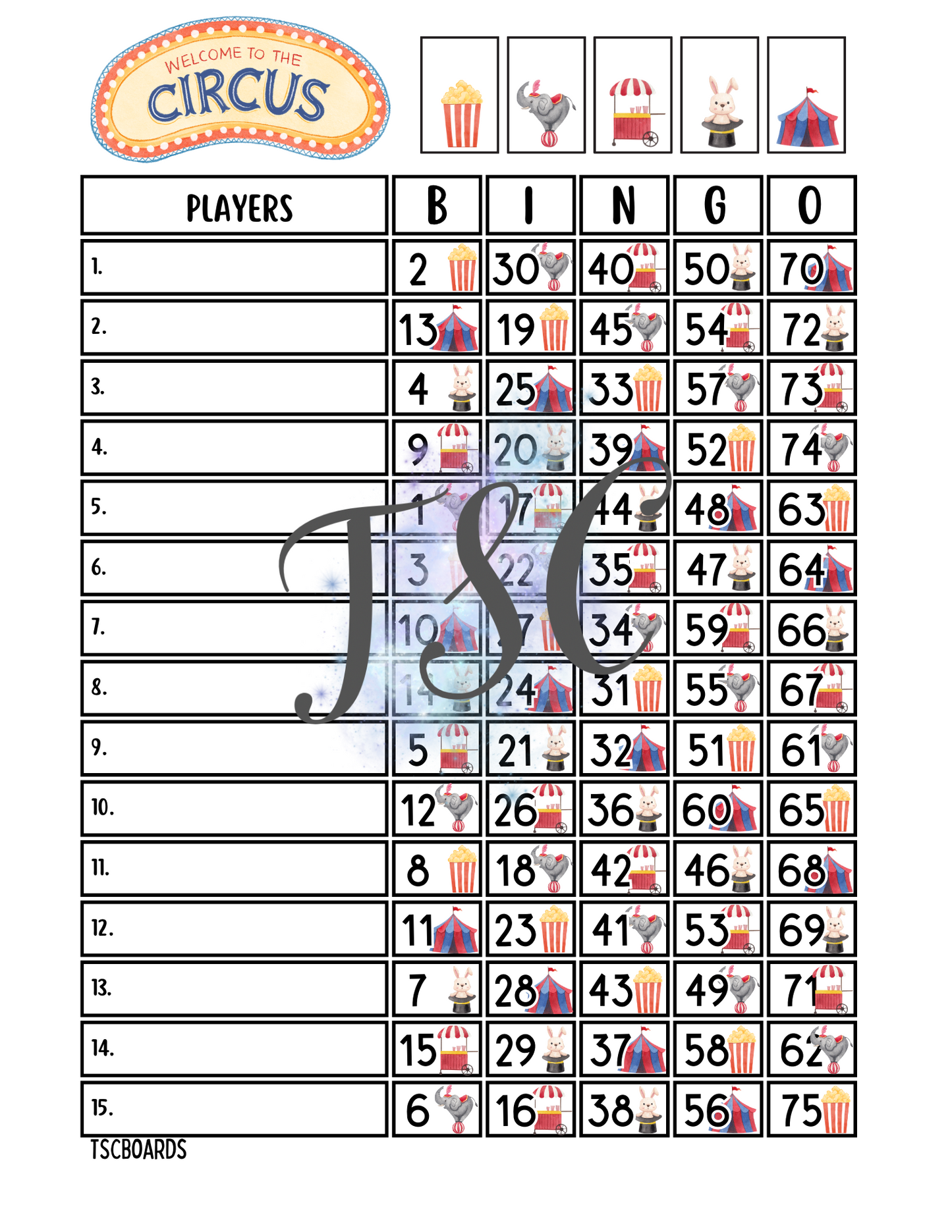Circus Bingo Board 1-75 Ball 1-15 Line