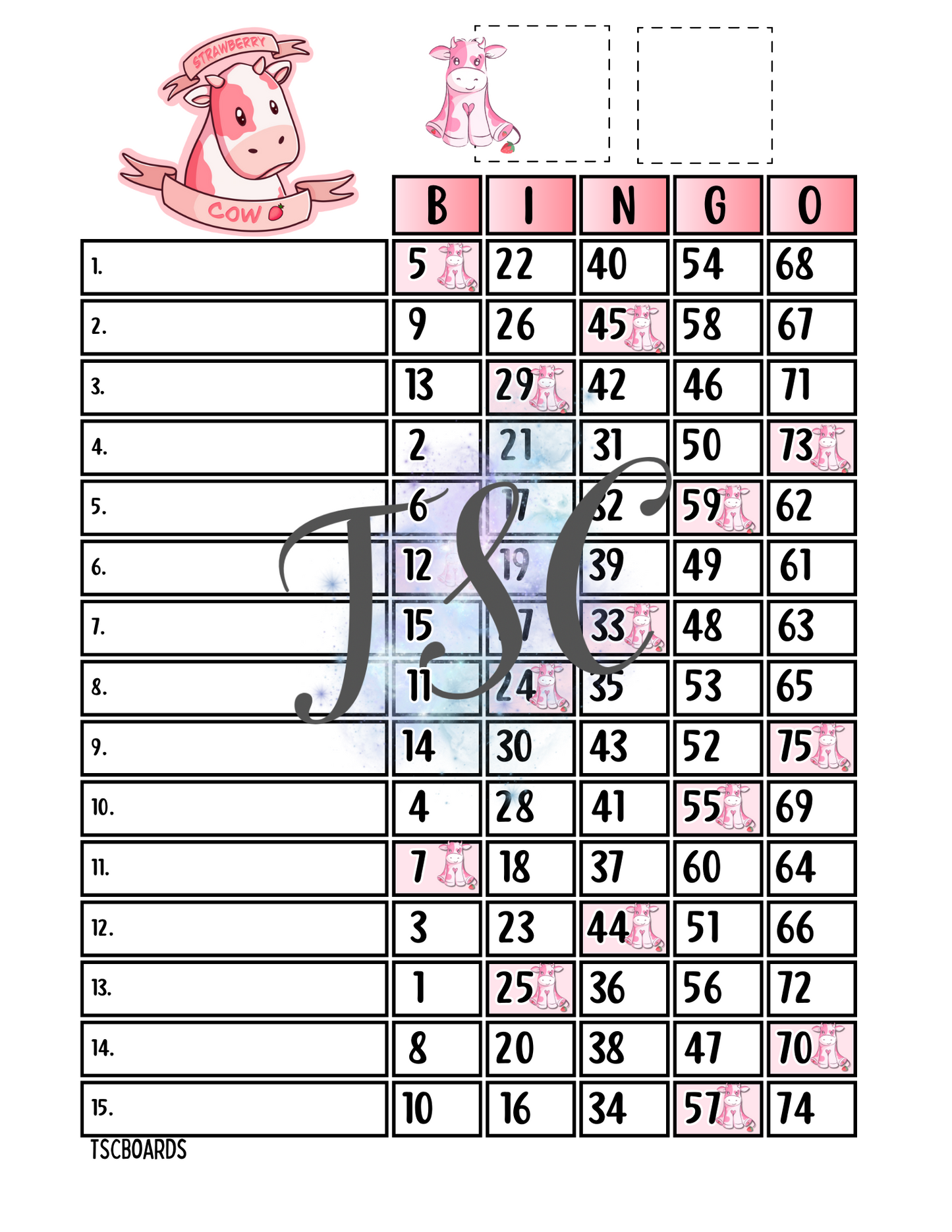 Strawberry Cow Bingo Board 1-75 Ball 1-15 Line
