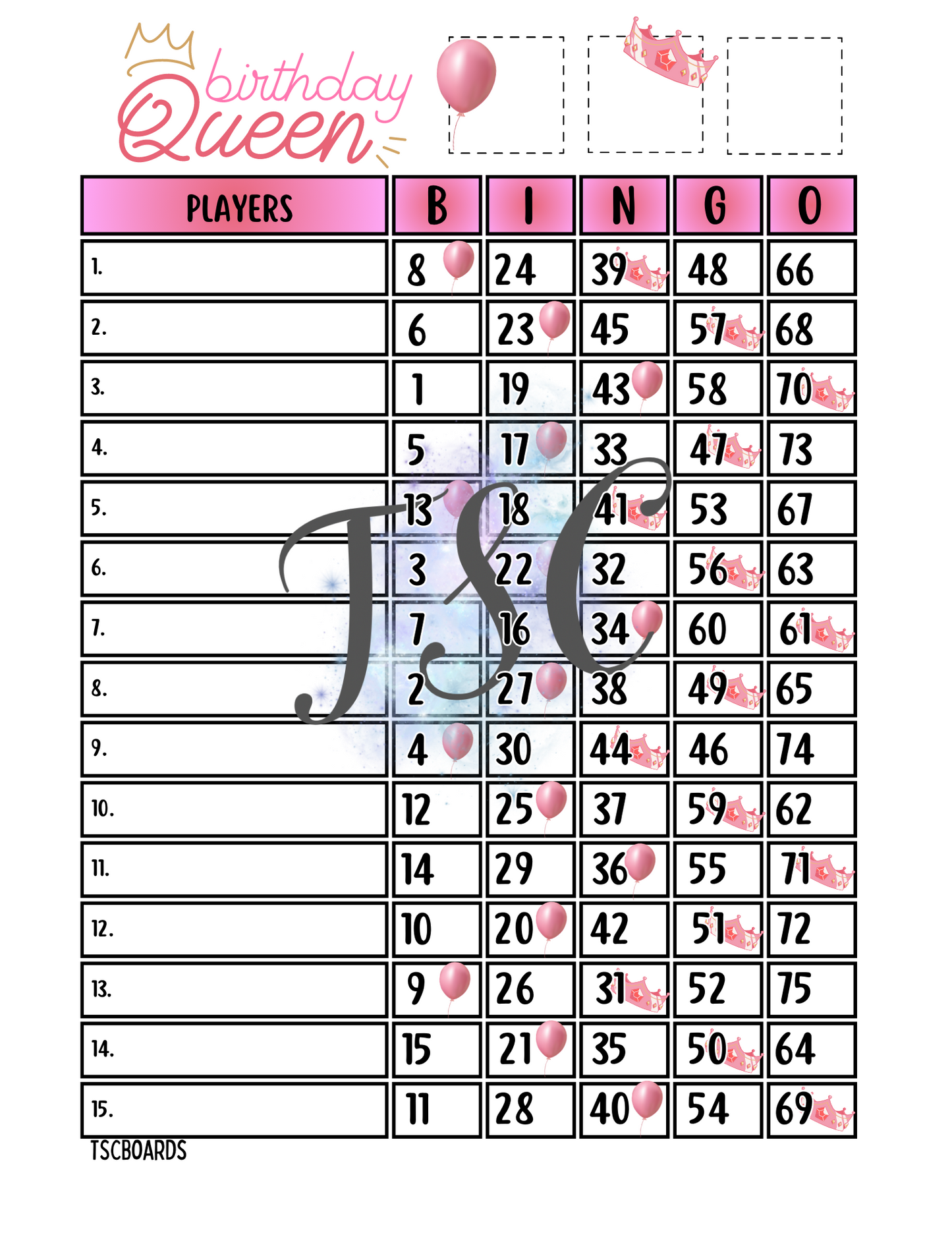 Birthday Queen Bingo Board 1-75 Ball 1-15 Line