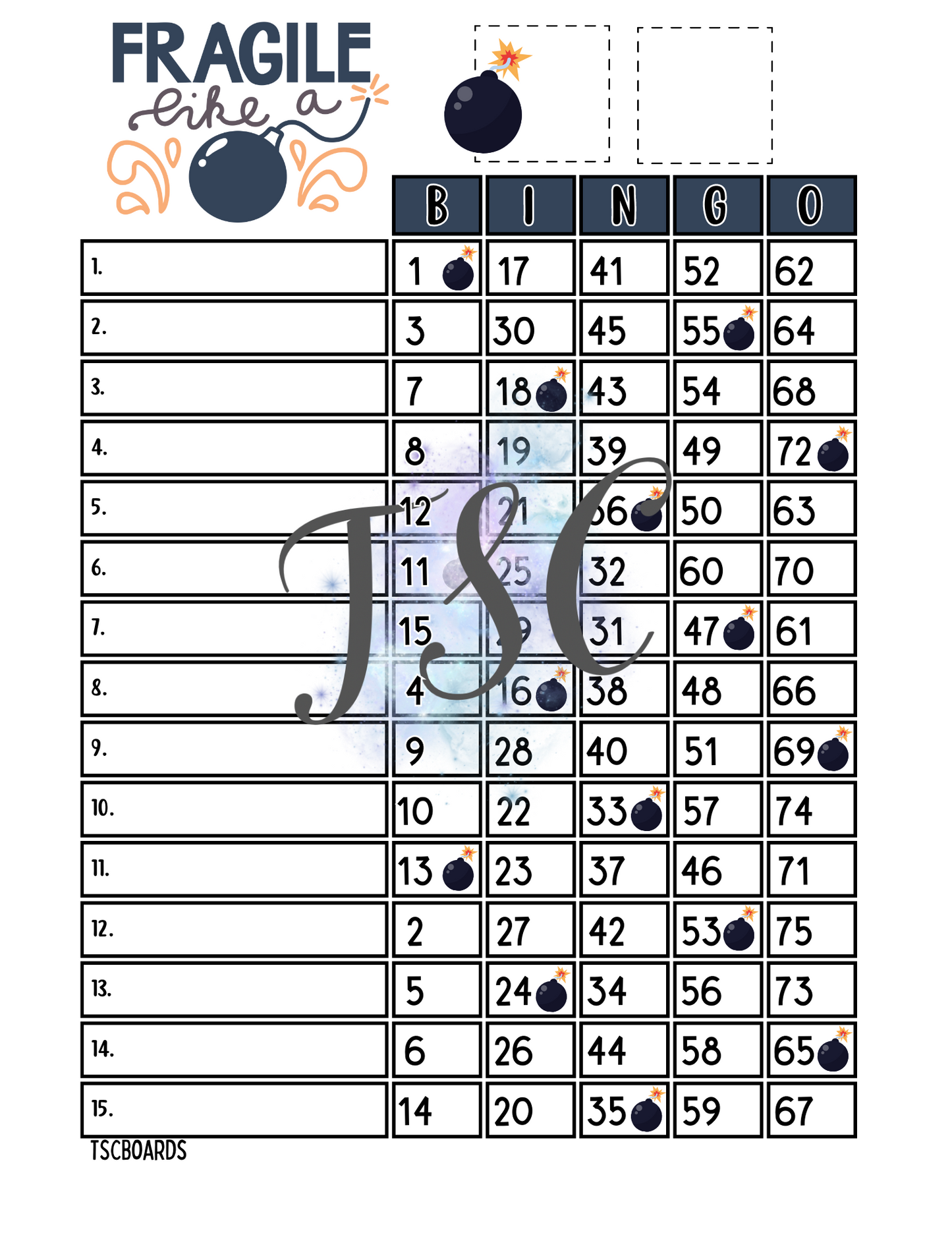 Fragile Like A Bomb Bingo Board 1-75 Ball 1-15 Line
