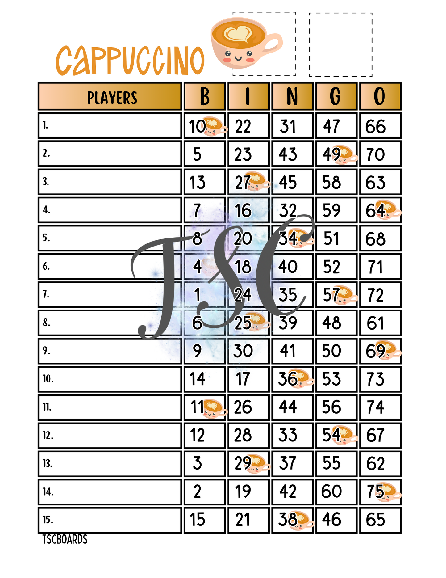 Cappuccino Bingo Board 1-75 Ball 1-15 Line