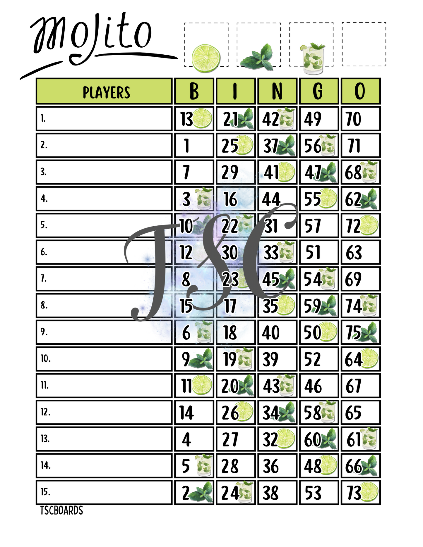 Mojito Bingo Board 1-75 Ball 1-15 Line