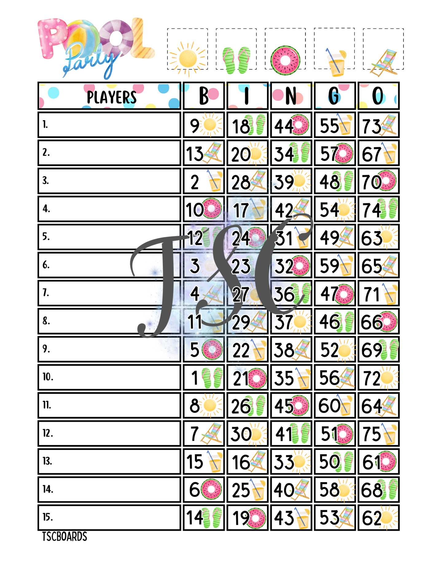 Pool Party Bingo Board 1-75 Ball 1-15 Line