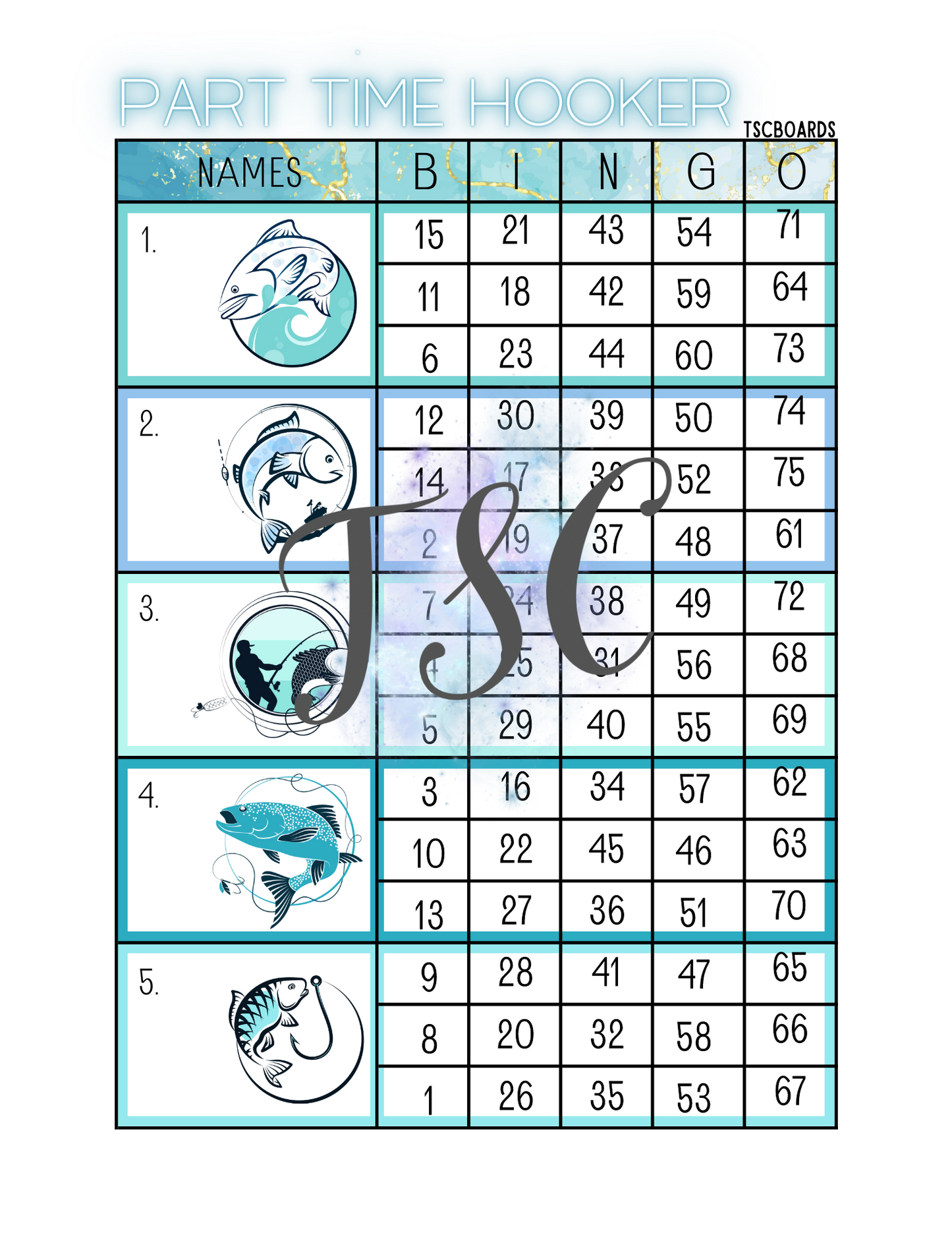 Part Time Hooker Block Bingo Board 1-75 Ball