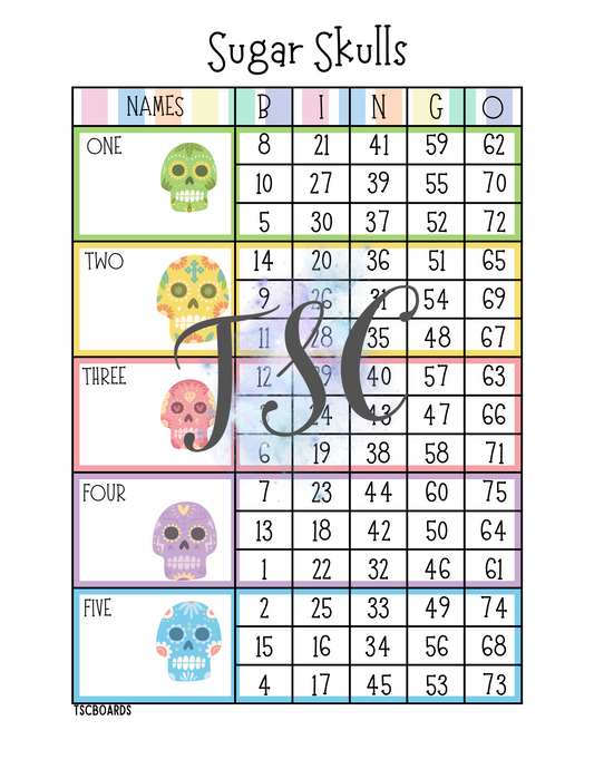 Sugar Skulls Block Bingo Board 1-75 Ball