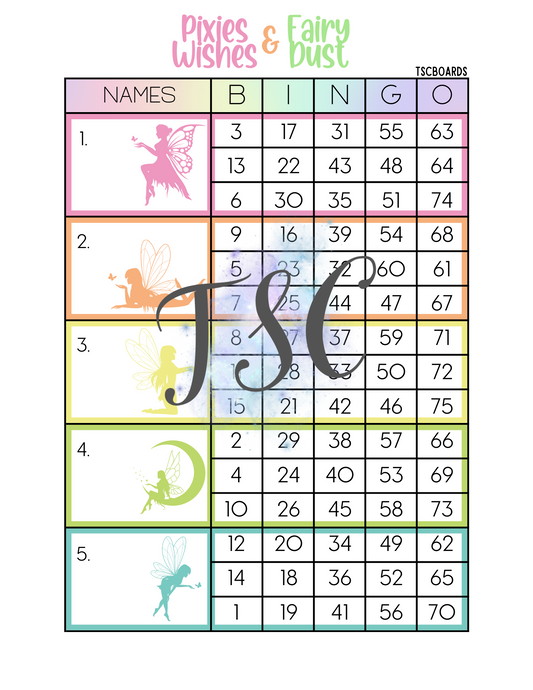 Pixie Wishes & Fairy Dust Block Bingo Board 1-75 Ball