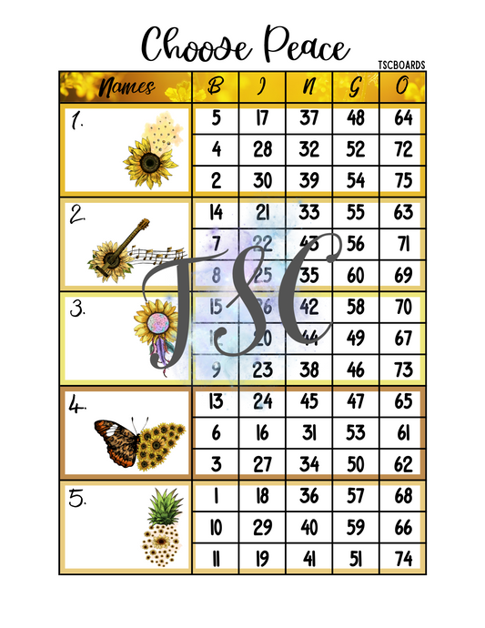 Choose Peace Block Bingo Board 1-75 Ball