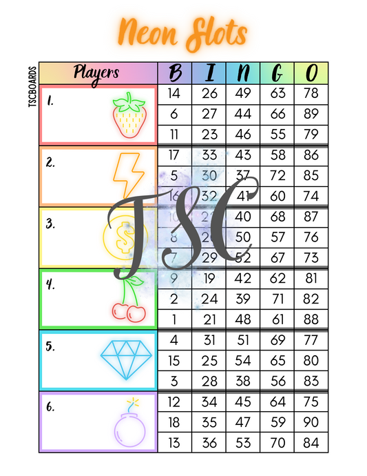 Neon Slots Block Bingo Board 1-90 Ball