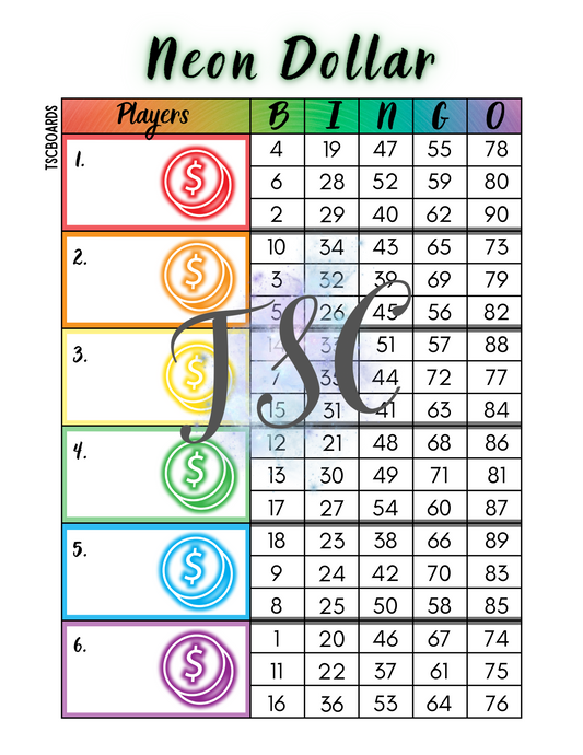 Neon Dollar Block Bingo Board 1-90 Ball