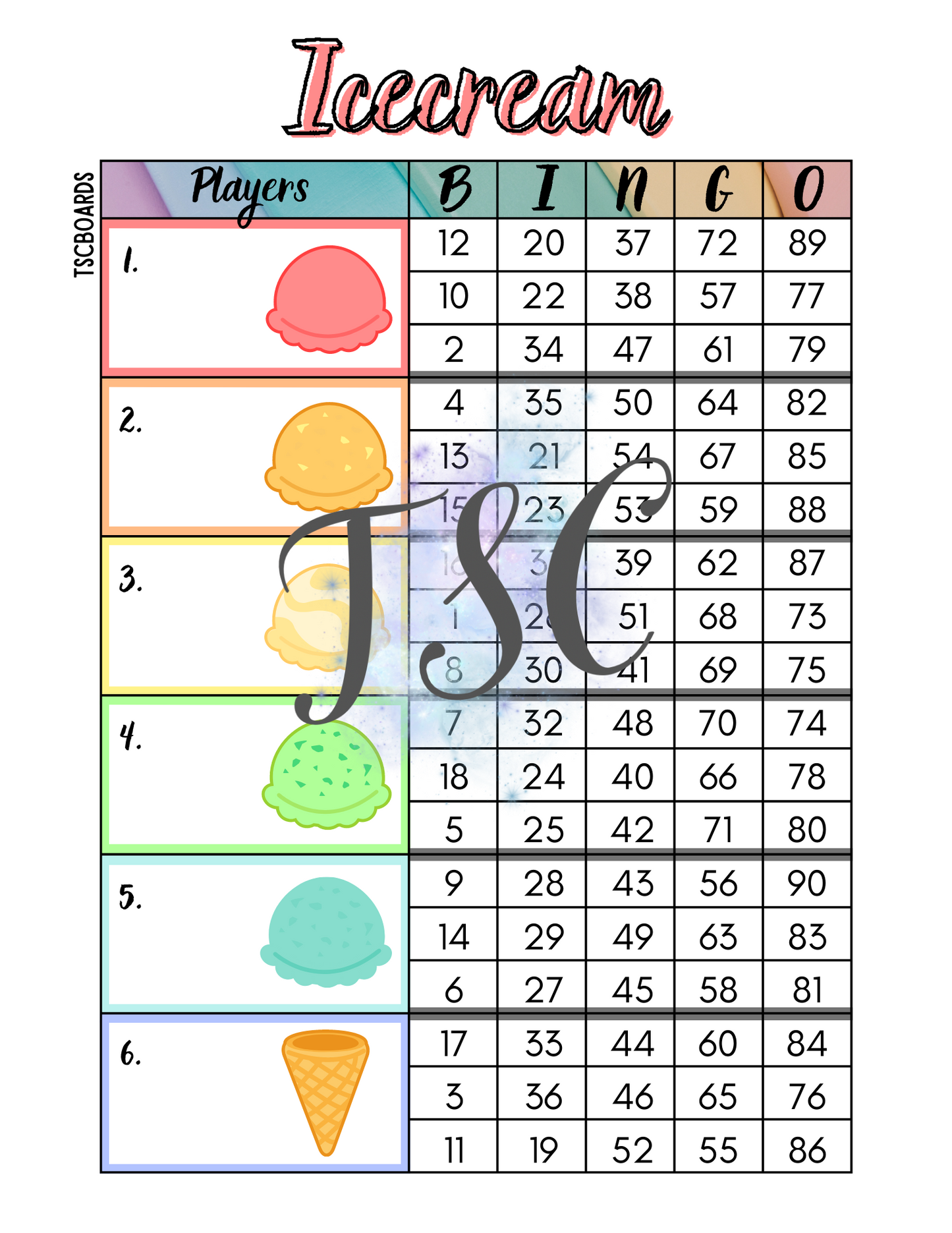 Icecream Block Bingo Board 1-90 Ball