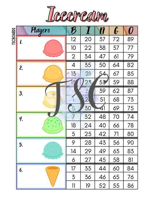 Icecream Block Bingo Board 1-90 Ball