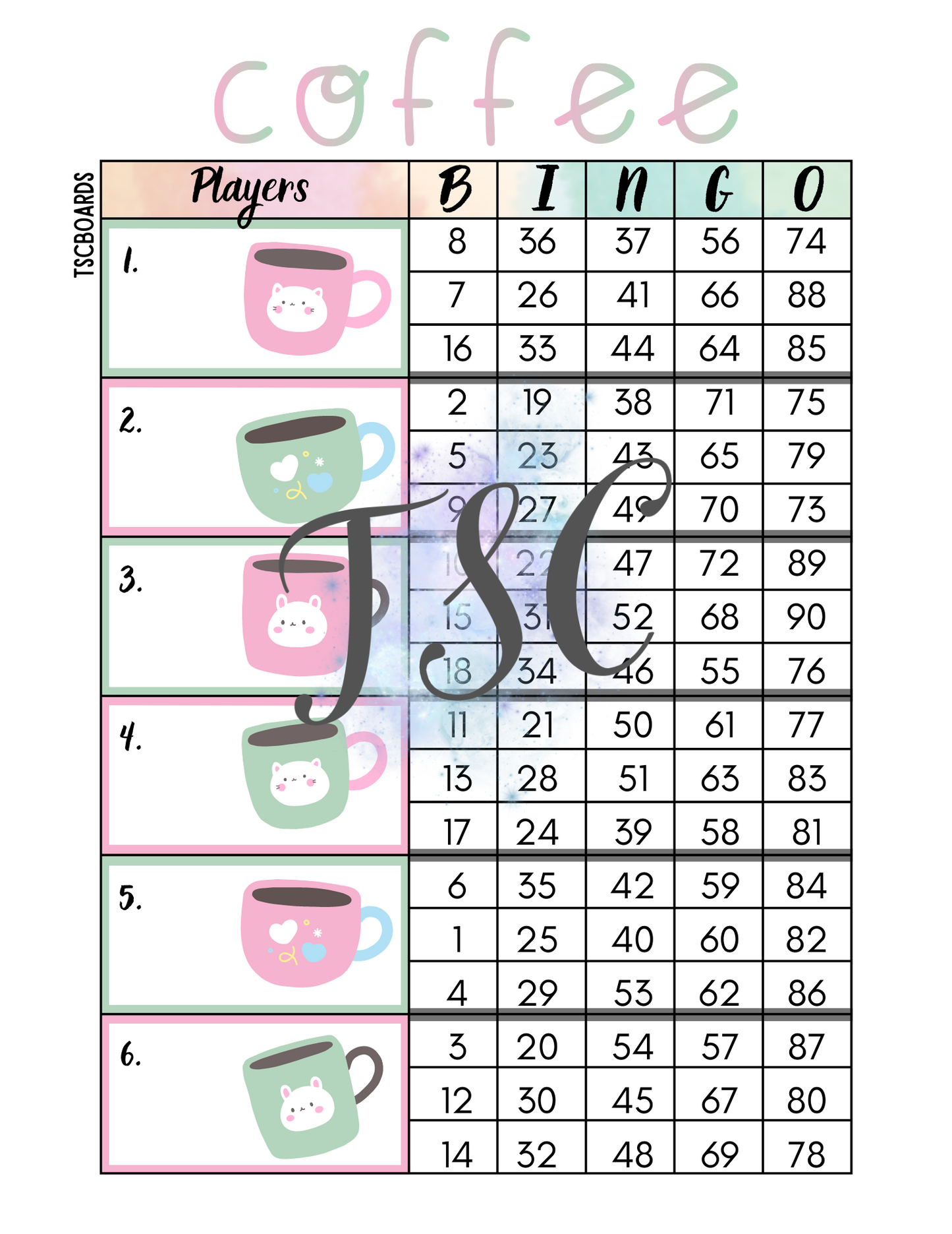 Coffee Block Bingo Board 1-90 Ball