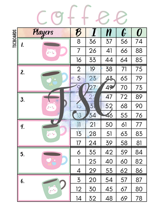 Coffee Block Bingo Board 1-90 Ball