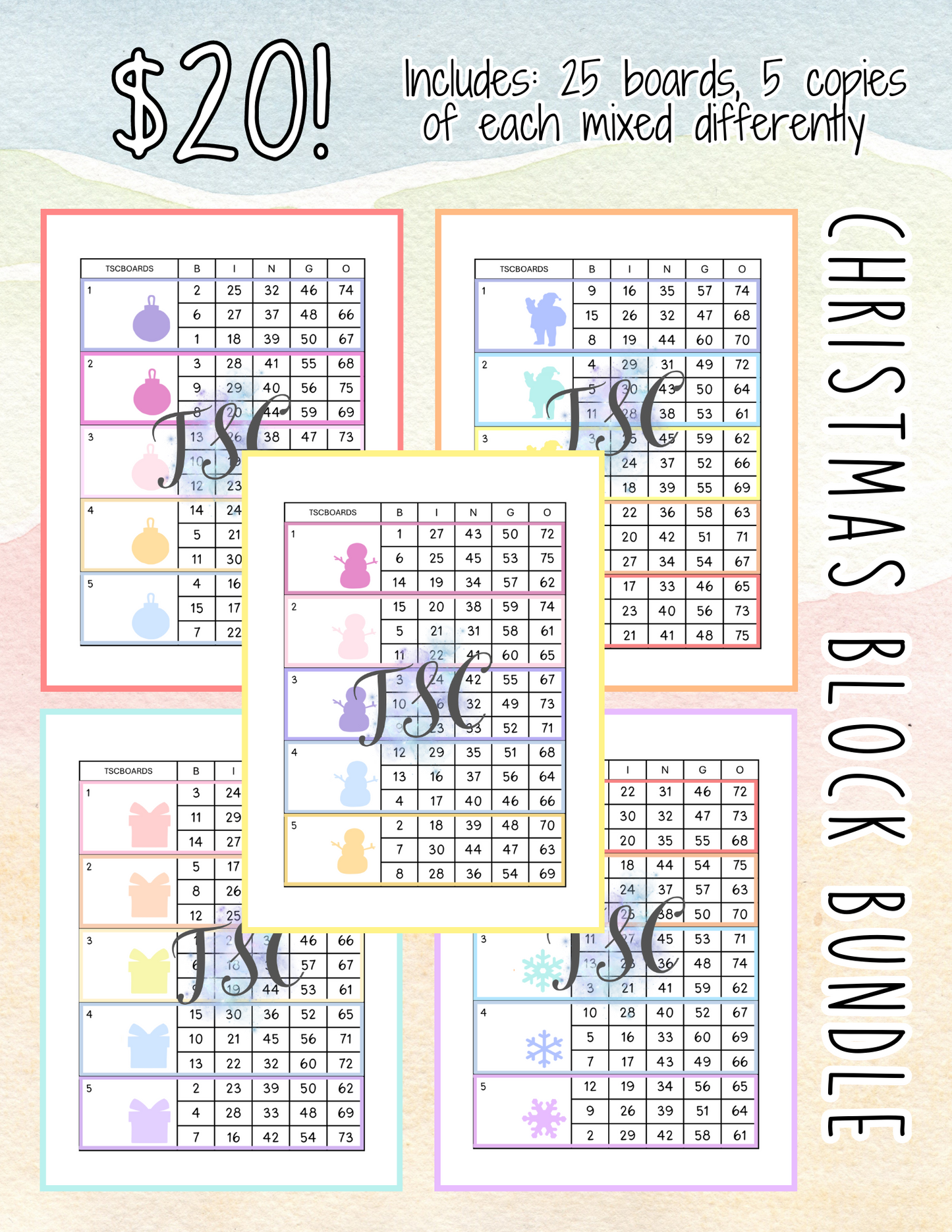 25 Boards - Christmas Block Bundle Bingo Board 1-75 Ball
