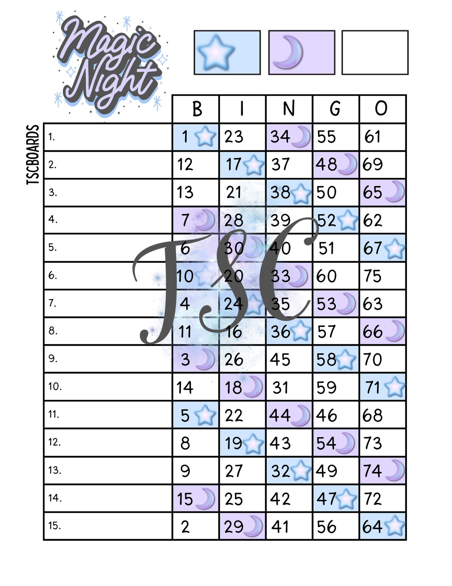 Night Magic Bingo Board 1-75 Ball