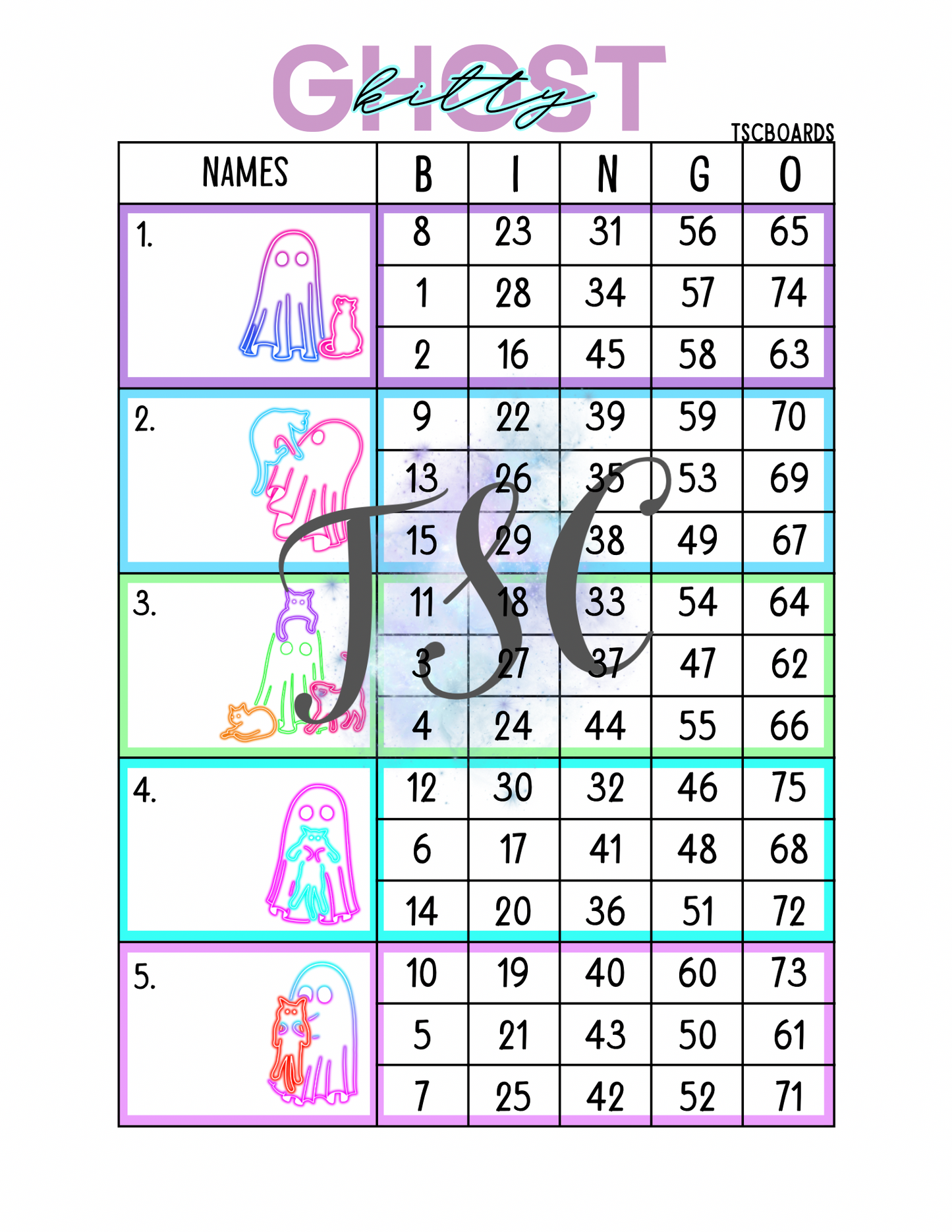 Ghost Kitty Block Bingo Board 1-75 Ball
