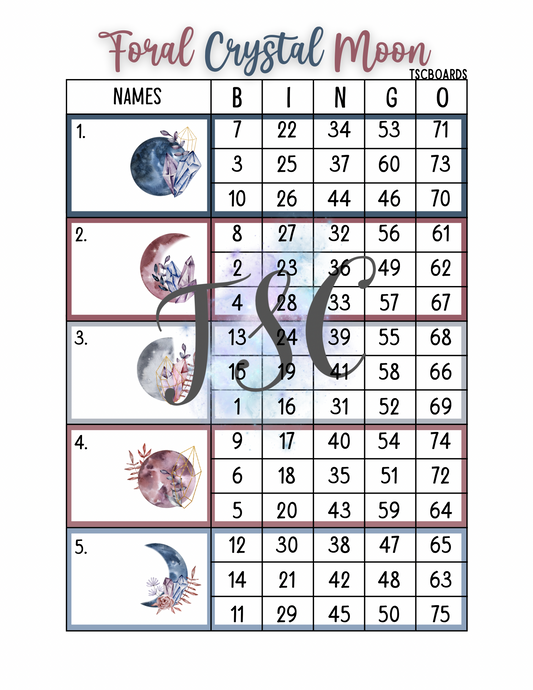 Floral Crystal Moon Block Bingo Board 1-75 Ball