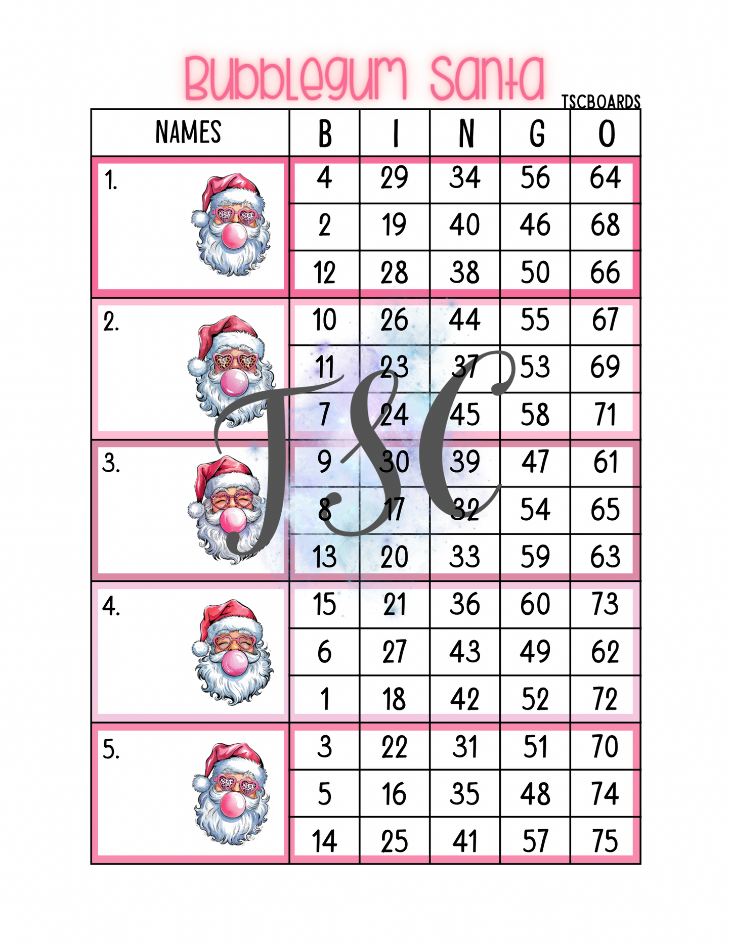 Bubblegum Santa Block Bingo Board 1-75 Ball