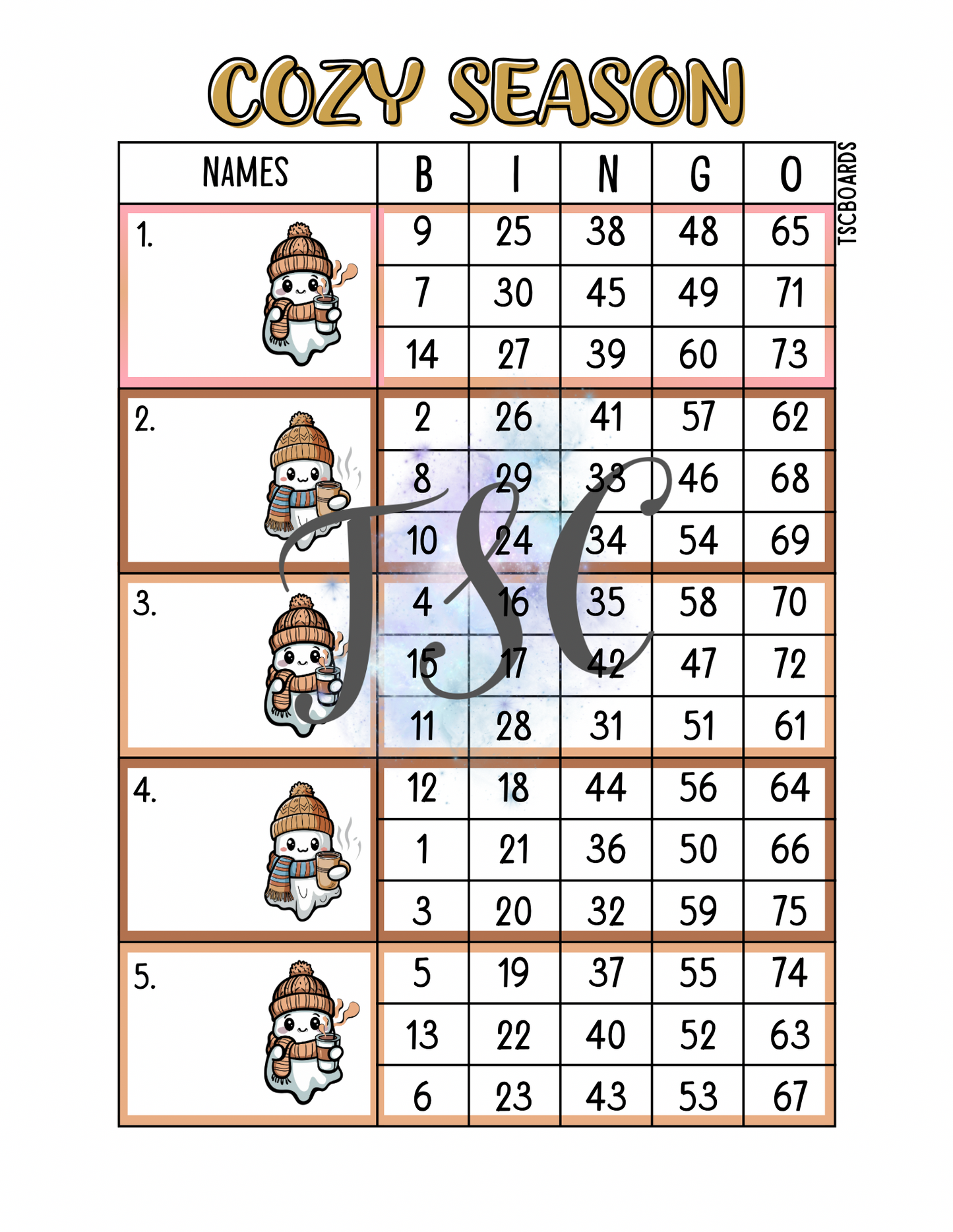 Cozy Season Block Bingo Board 1-75 Ball