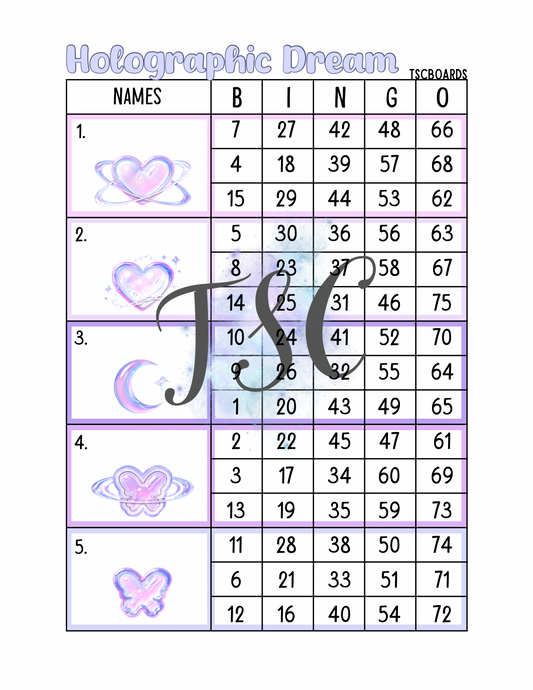 Holographic Dream Bingo Board 1-75 Ball