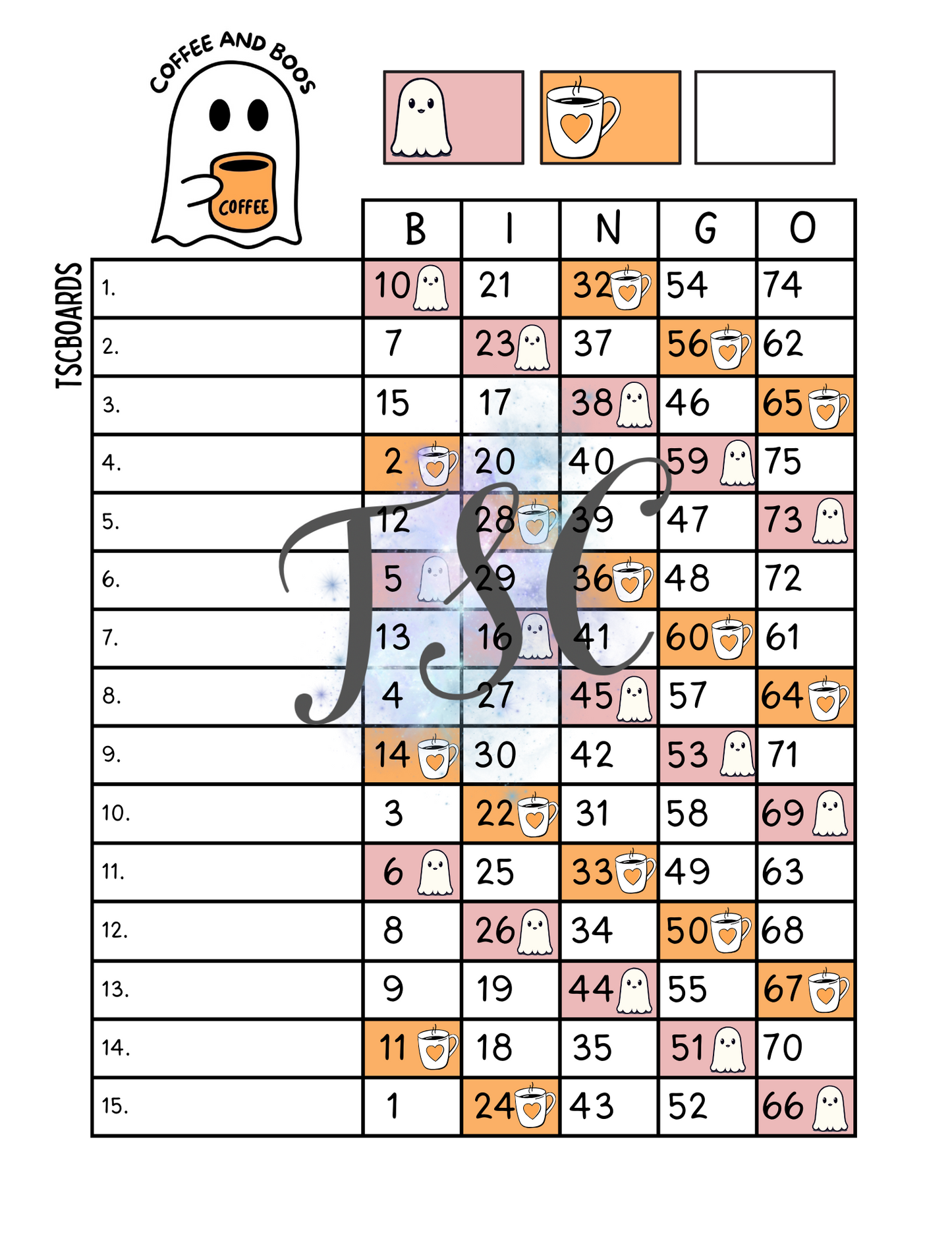 Coffee And Boos Bingo Board 1-75 Ball
