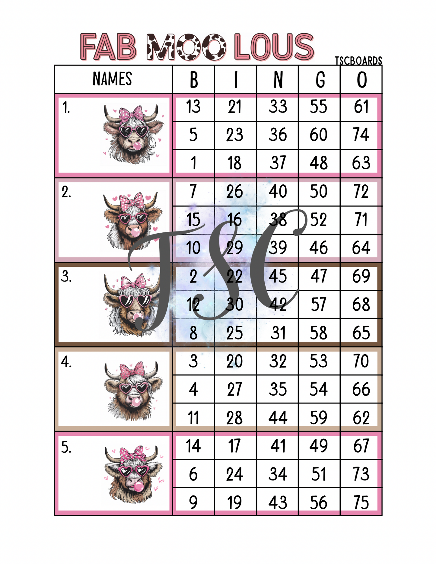 Fab Moo Lous Block Bingo Board 1-75 Ball