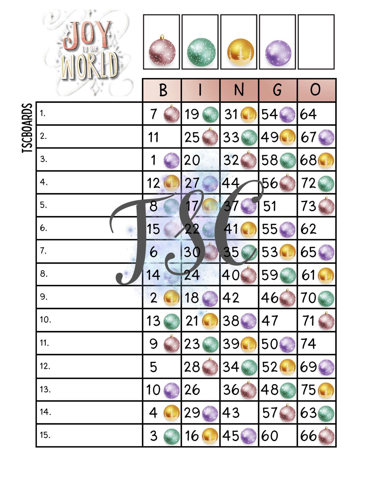 Joy To The World Bingo Board 1-75 Ball