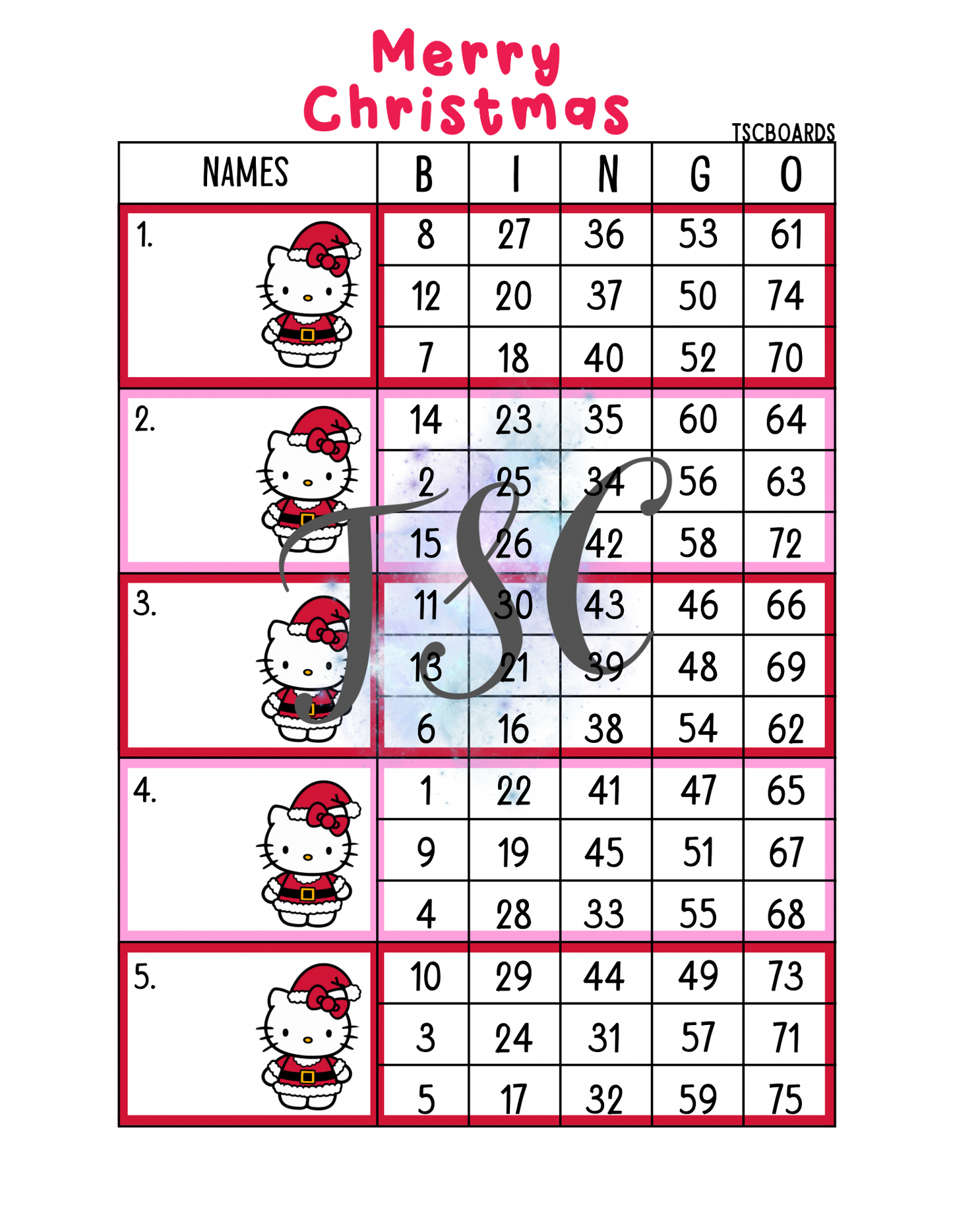 Merry Christmas Block Bingo Board 1-75 Ball