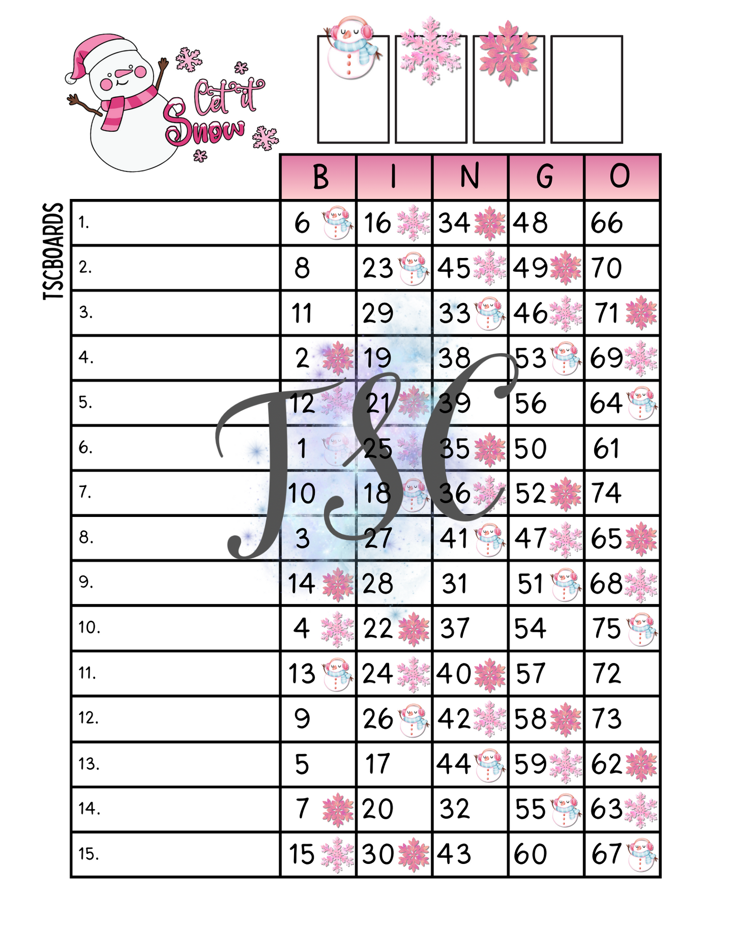 Let It Snow Bingo Board 1-75 Ball