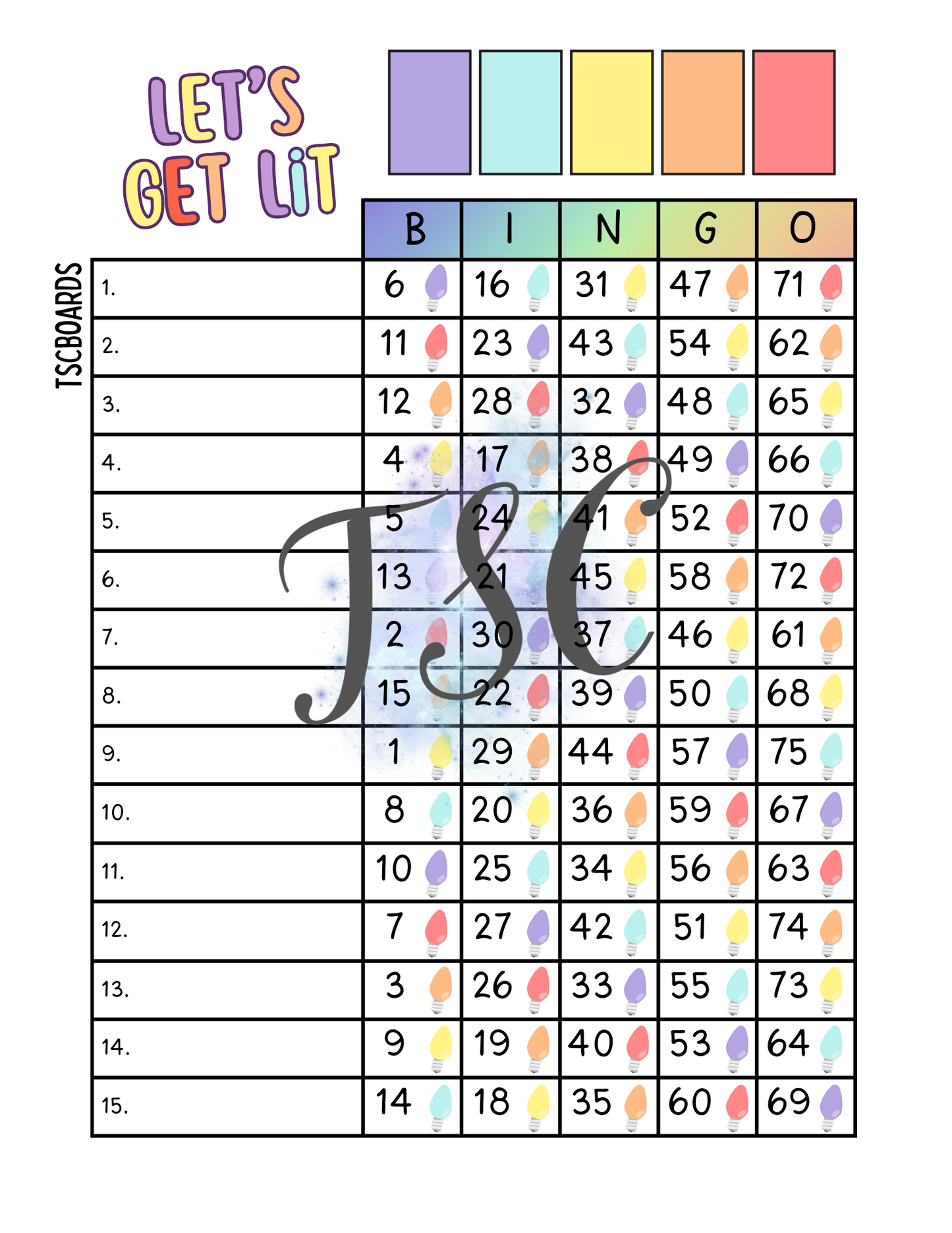 Let’s Get Lit Bingo Board 1-75 Ball