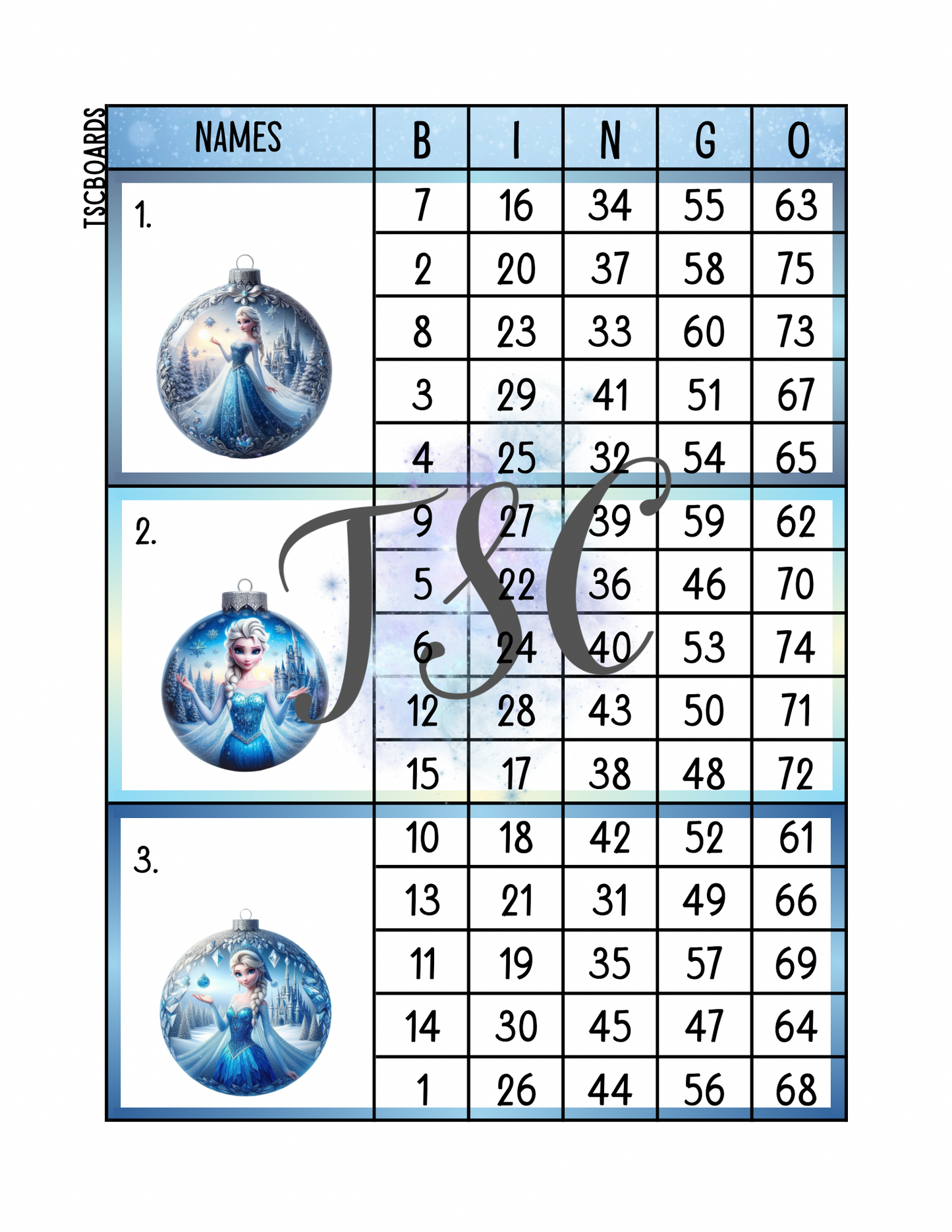Ice Princess Ornament Mega Block Bingo Board 1-75 Ball