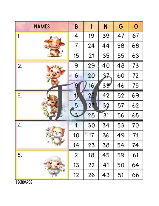 Daisy Animals Bingo Board 1-75 Ball