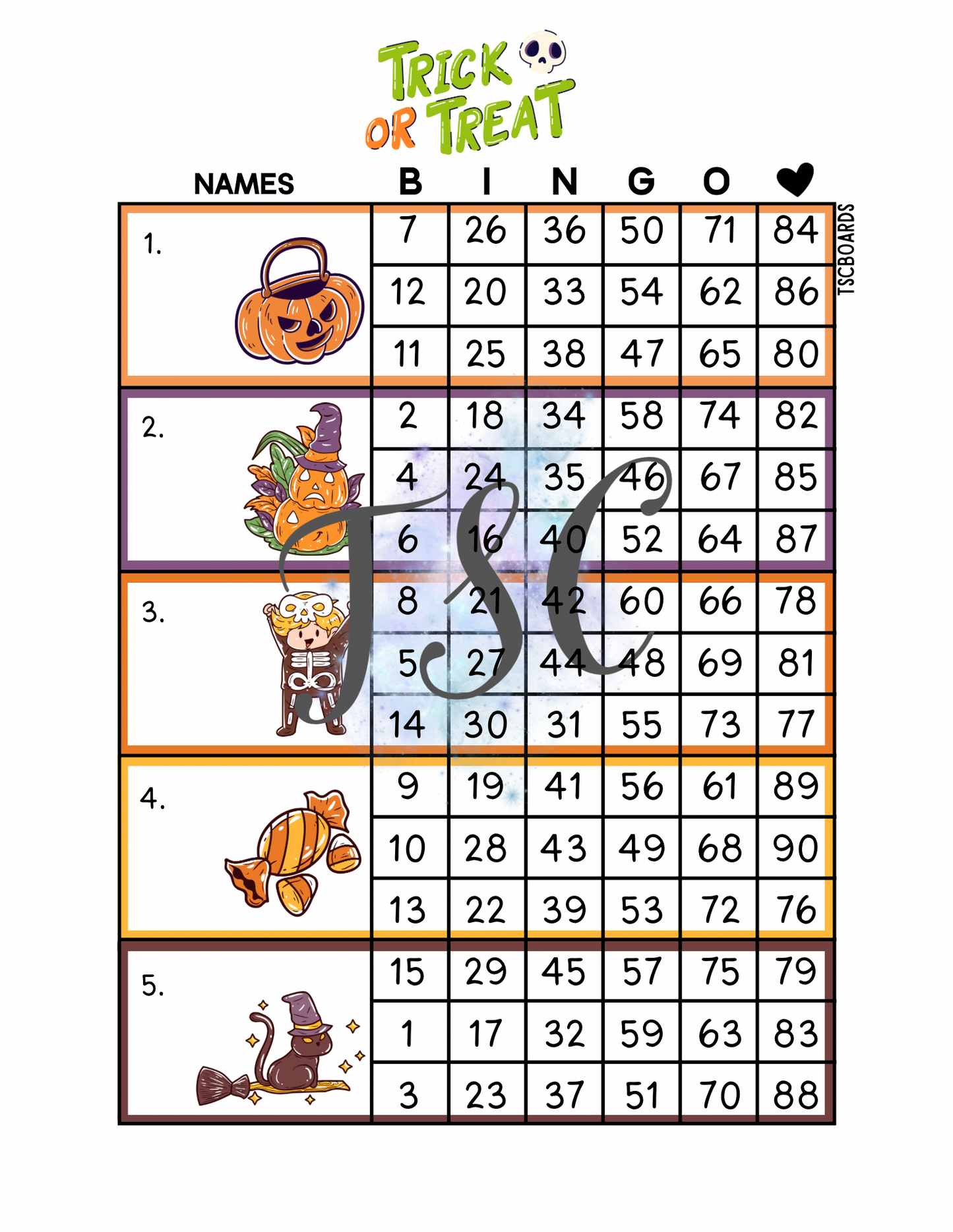 Trick Or Treat Block Bingo Board 1-90 Ball