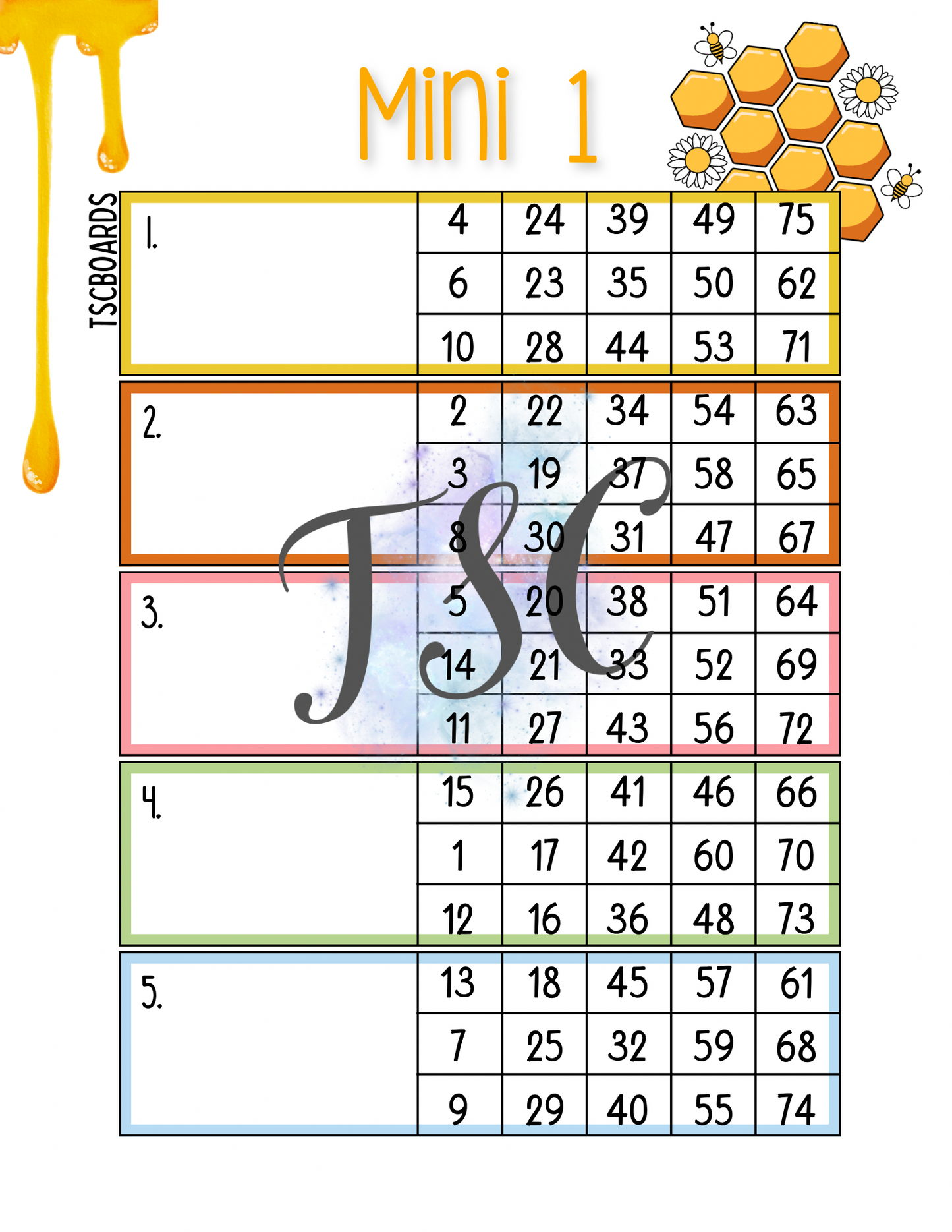 Honey Mini 1 Block Bingo Board 1-75 Ball