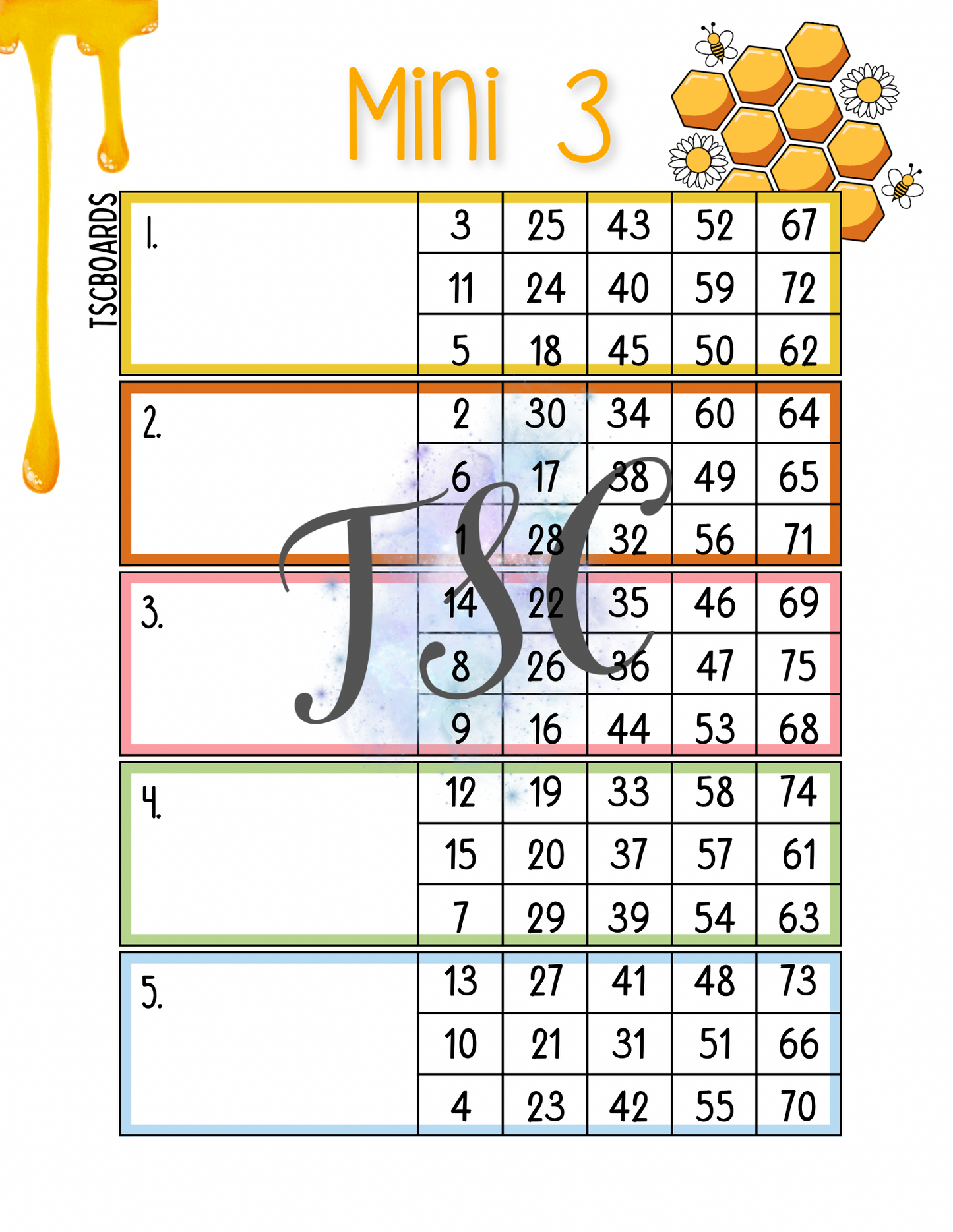 Honey Mini 3 Block Bingo Board 1-75 Ball