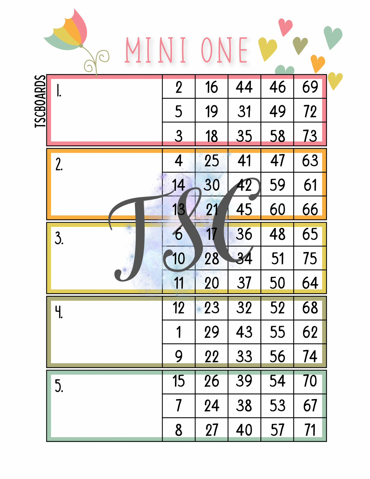 Rainbow Mini 1 Block Bingo Board 1-75 Ball