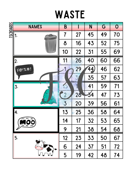 Waste Block Bingo Board 1-75 Ball