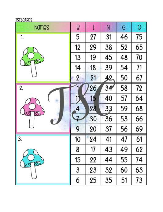 Neon Mushroom Mega Block Bingo Board 1-75 Ball