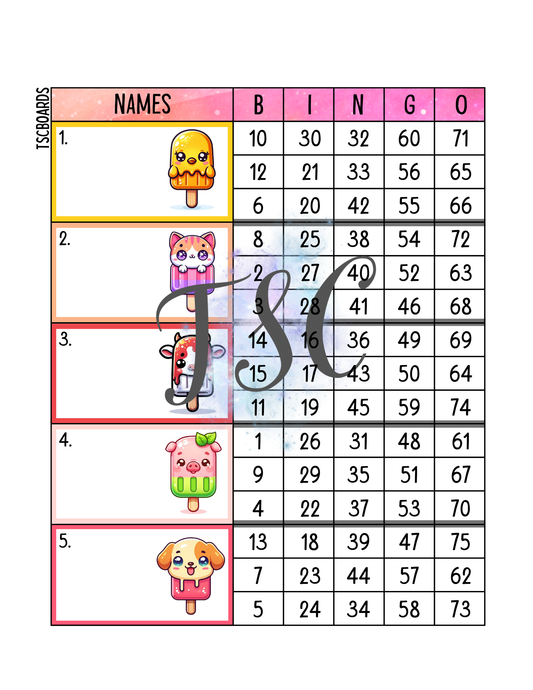 Cute Animal Popsicle Block Bingo Board 1-75 Ball