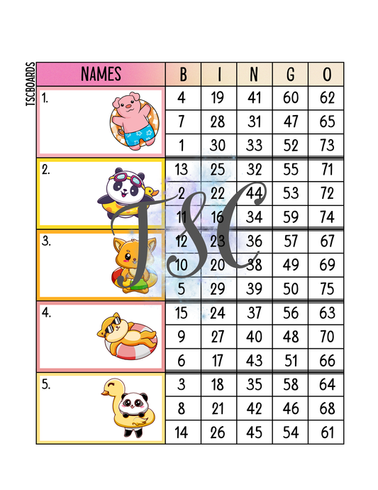 Summer Animal Floaties Block Bingo Board 1-75 Ball