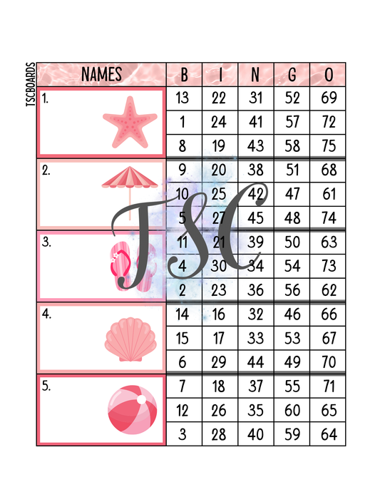 Pink Summer Block Bingo Board 1-75 Ball