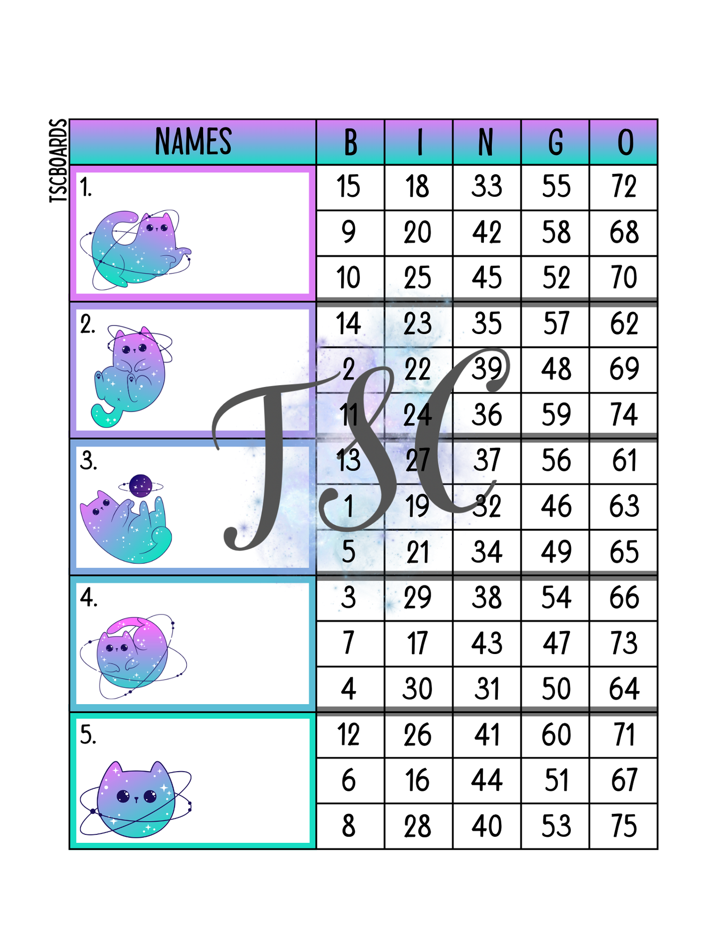 Cat Universe Block Bingo Board 1-75 Ball